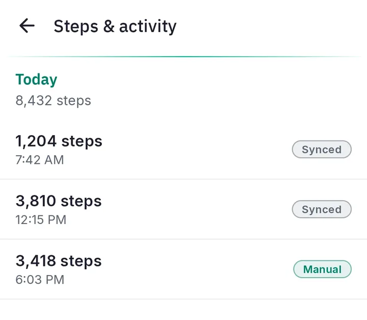 KetoCypher Steps and activity screen, three entries from Health Connect and manual.