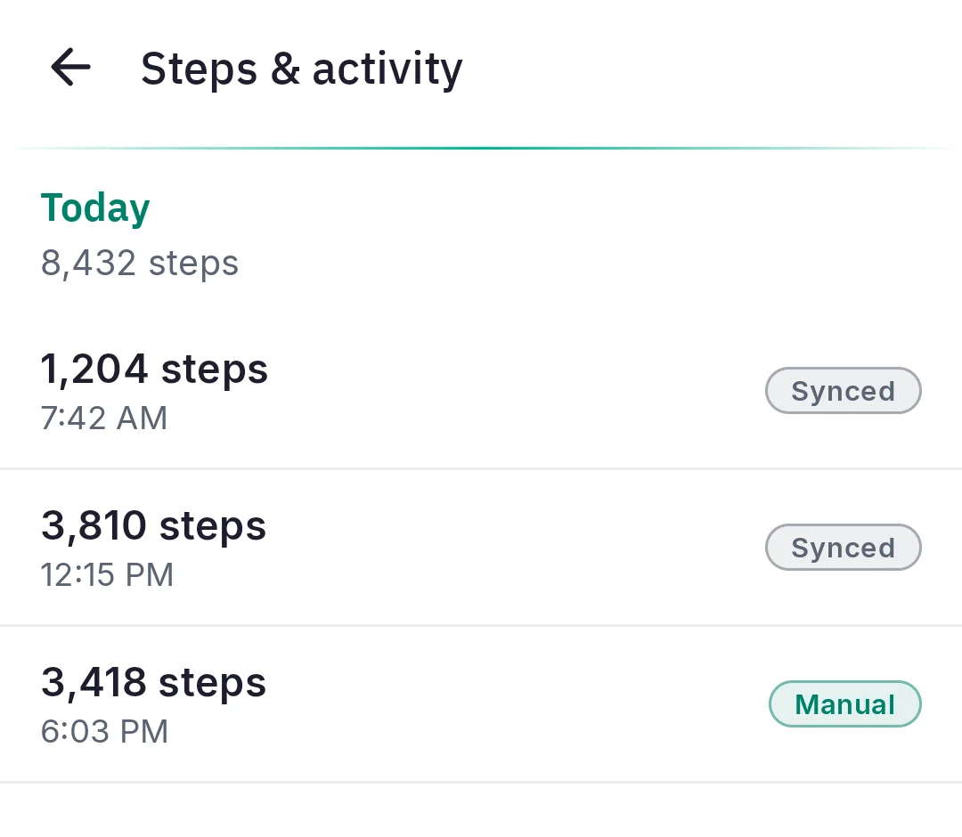 KetoCypher Steps and activity screen, three entries from Health Connect and manual.