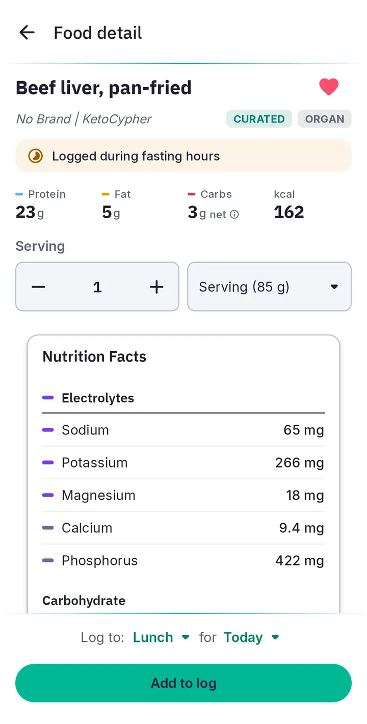 KetoCypher Food detail for pan-fried beef liver, with macros and electrolytes.