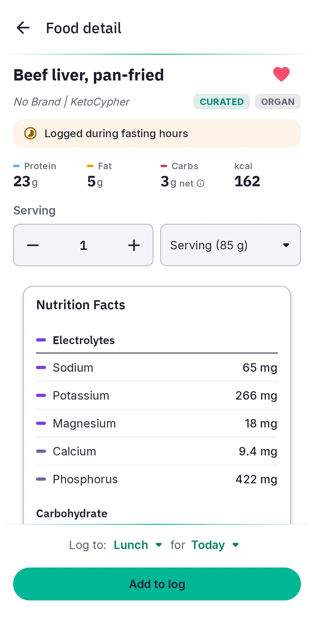 KetoCypher Food detail for pan-fried beef liver, with macros and electrolytes.